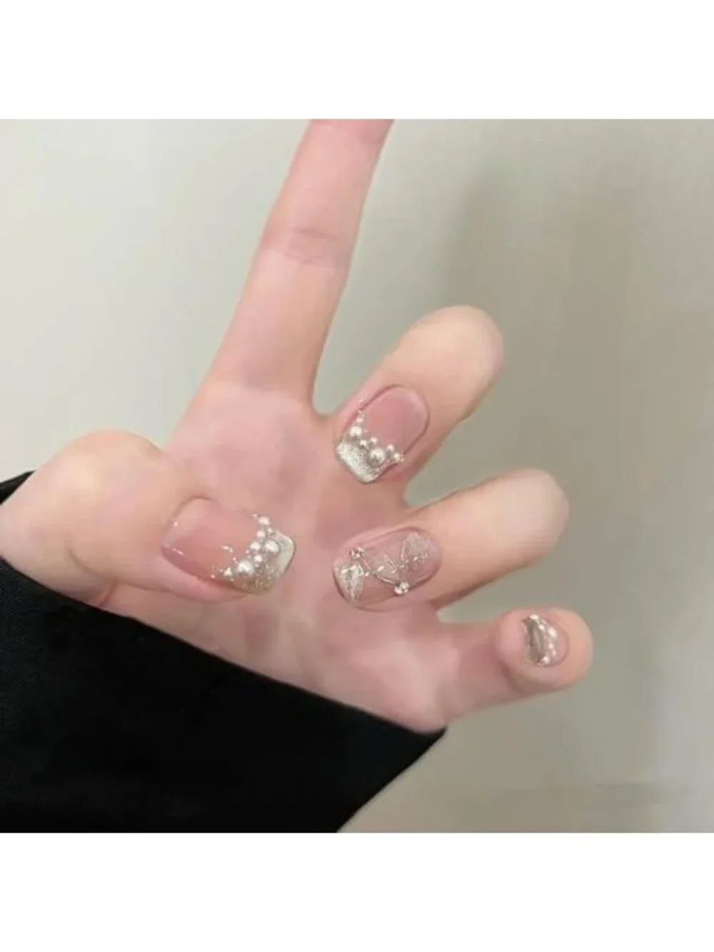 Short Square Press-On Nails with Cat Eye Design, Glitter Ombre French Tips - 10